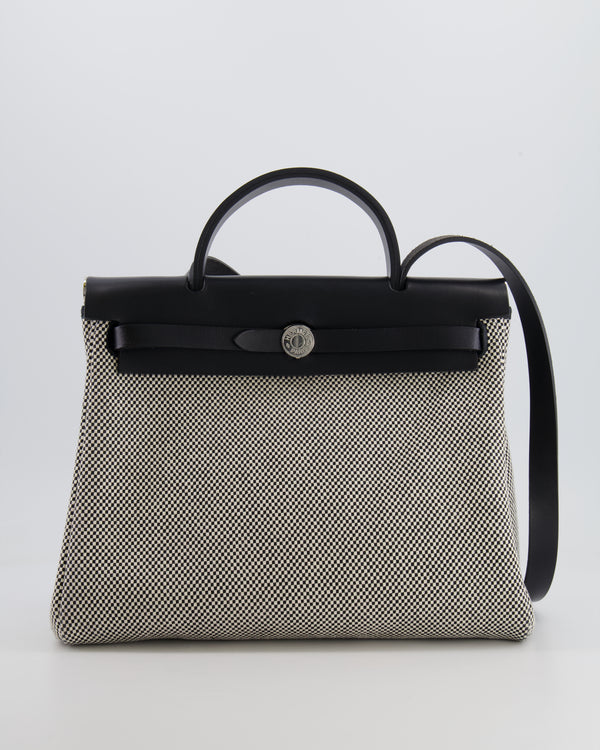 Hermès Herbag 31 Zip Bag in Black and Ecru Toile Quadrille with Palladium Hardware