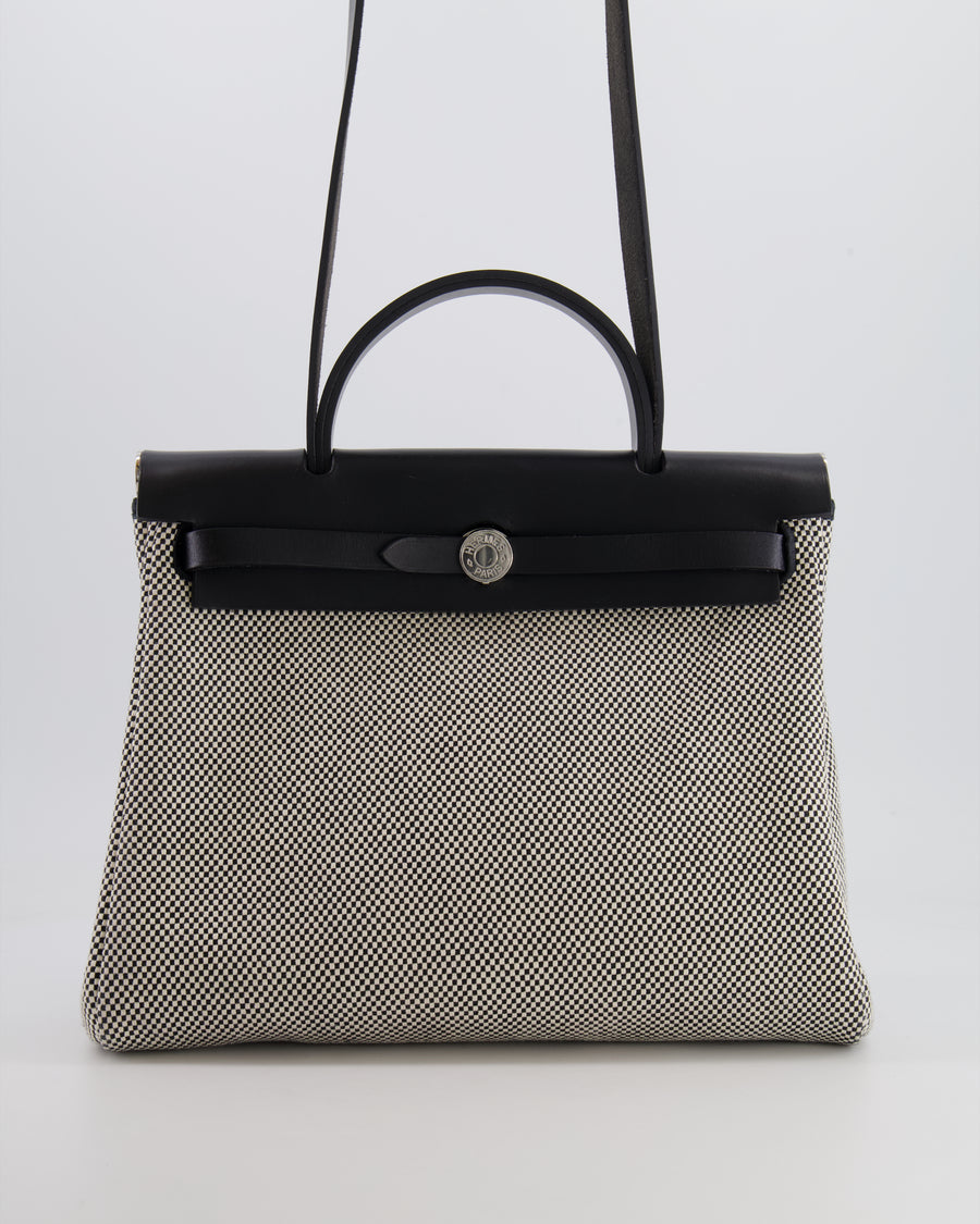 Hermès Herbag 31 Zip Bag in Black and Ecru Toile Quadrille with Palladium Hardware