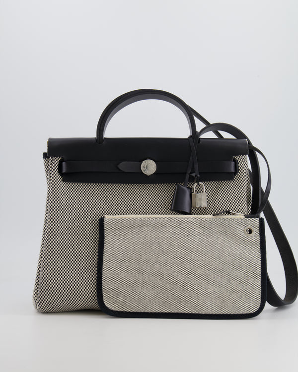 Hermès Herbag 31 Zip Bag in Black and Ecru Toile Quadrille with Palladium Hardware