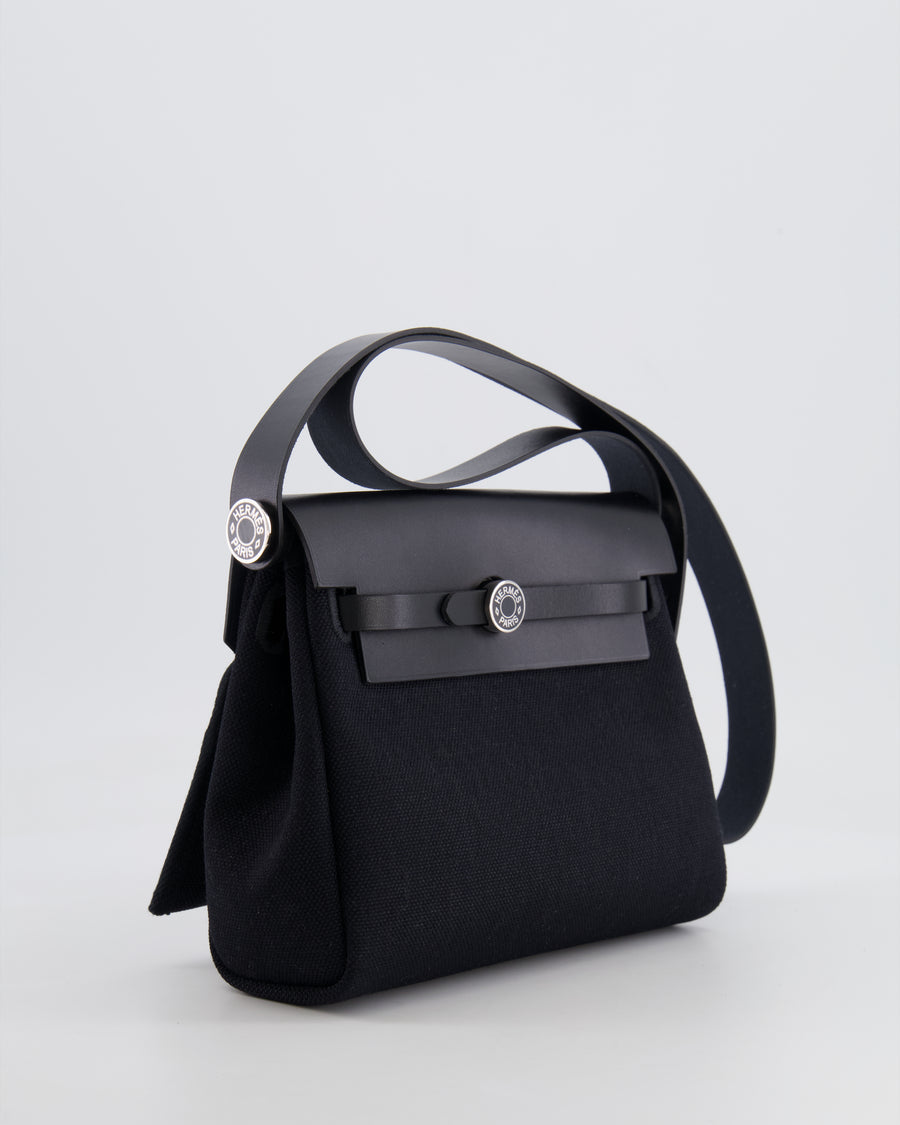 Hermes Mini Herbag 20 in Noir Toile Militaire and Vache Hunter Leather with Palladium Hardware