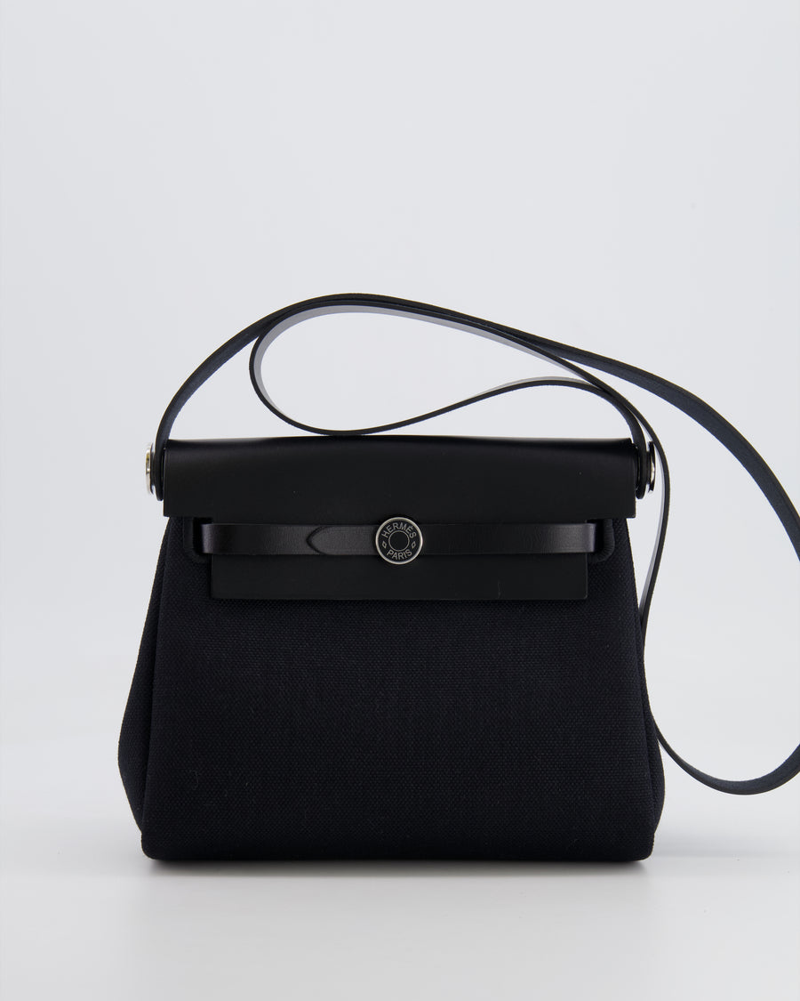 Hermes Mini Herbag 20 in Noir Toile Militaire and Vache Hunter Leather with Palladium Hardware