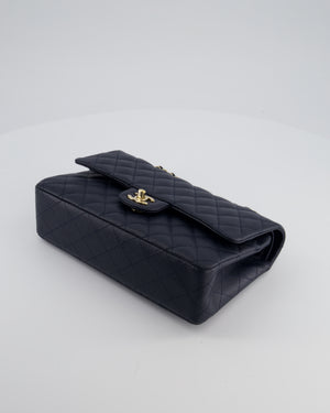Chanel Navy Classic Medium Double Flap Bag in Caviar Leather with Champagne Gold Hardware