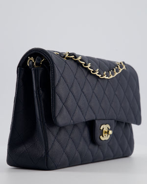 Chanel Navy Classic Medium Double Flap Bag in Caviar Leather with Champagne Gold Hardware