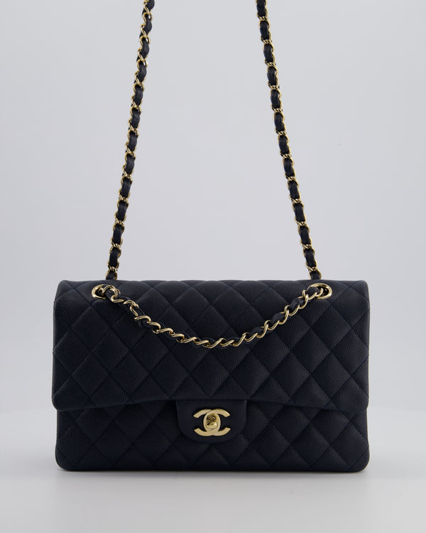 Chanel Navy Classic Medium Double Flap Bag in Caviar Leather with Champagne Gold Hardware