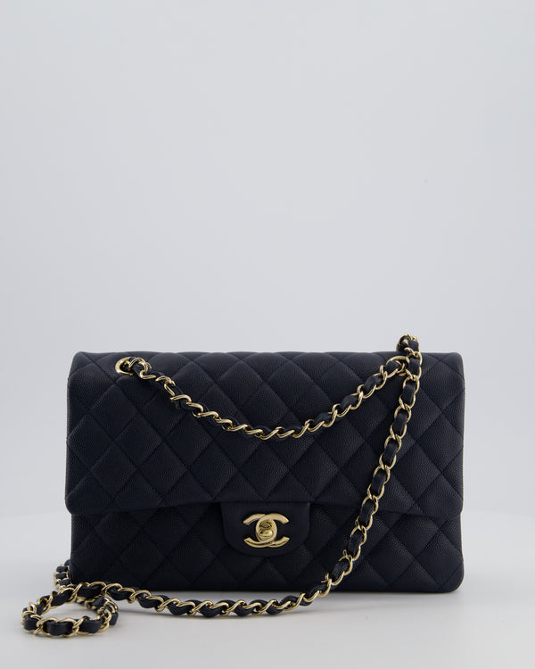 Chanel Navy Classic Medium Double Flap Bag in Caviar Leather with Champagne Gold Hardware
