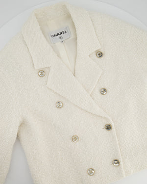 Chanel White Tweed Double Breasted Jacket with Champagne Gold and Silver CC Logo Buttons Detail Size FR 36 (UK 8)