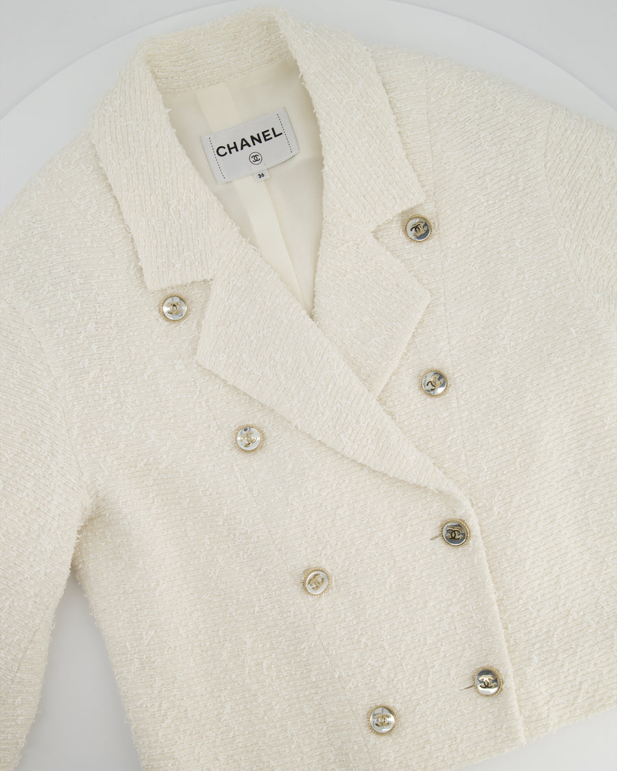 Chanel White Tweed Double Breasted Jacket with Champagne Gold and Silver CC Logo Buttons Detail Size FR 36 (UK 8)