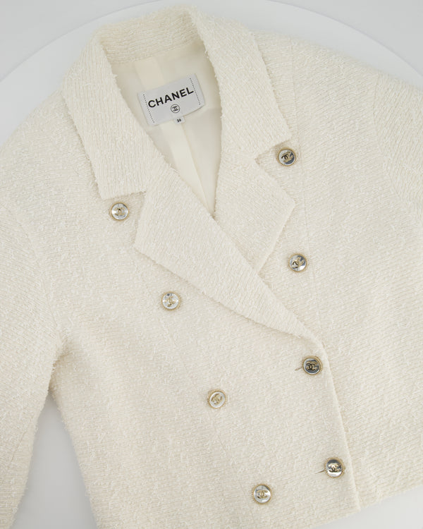 Chanel White Tweed Double Breasted Jacket with Champagne Gold and Silver CC Logo Buttons Detail Size FR 36 (UK 8)