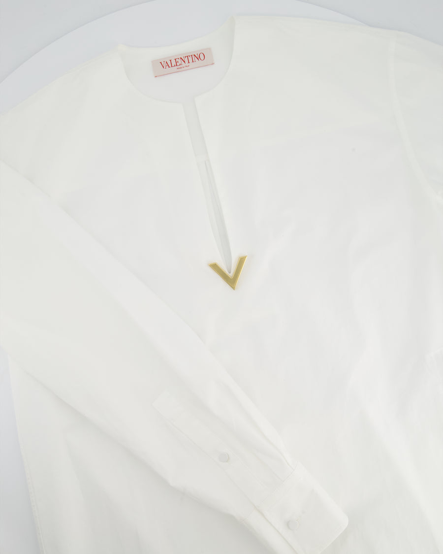 Valentino White V-Neck Logo Plaque Cotton Poplin Shirt Size IT 36 (UK 4)