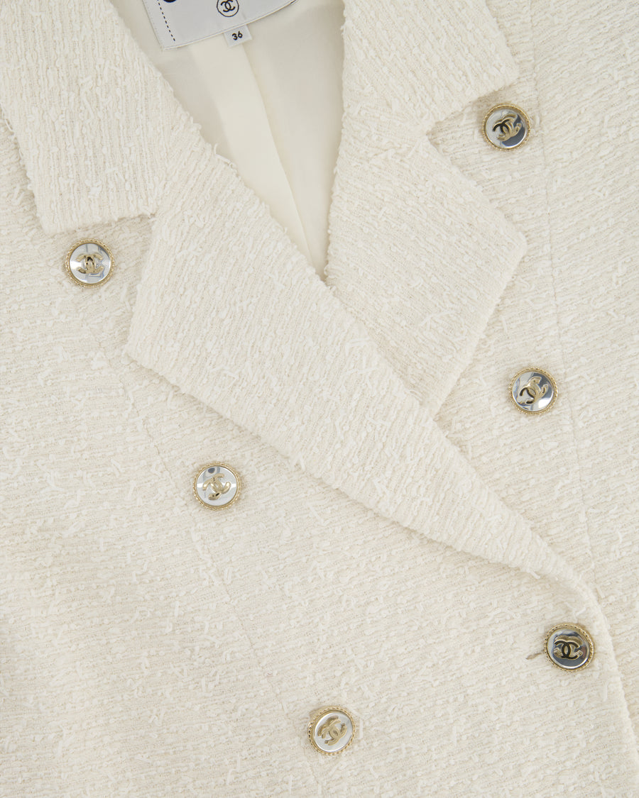 Chanel White Tweed Double Breasted Jacket with Champagne Gold and Silver CC Logo Buttons Detail Size FR 36 (UK 8)