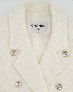 Chanel White Tweed Double Breasted Jacket with Champagne Gold and Silver CC Logo Buttons Detail Size FR 36 (UK 8)