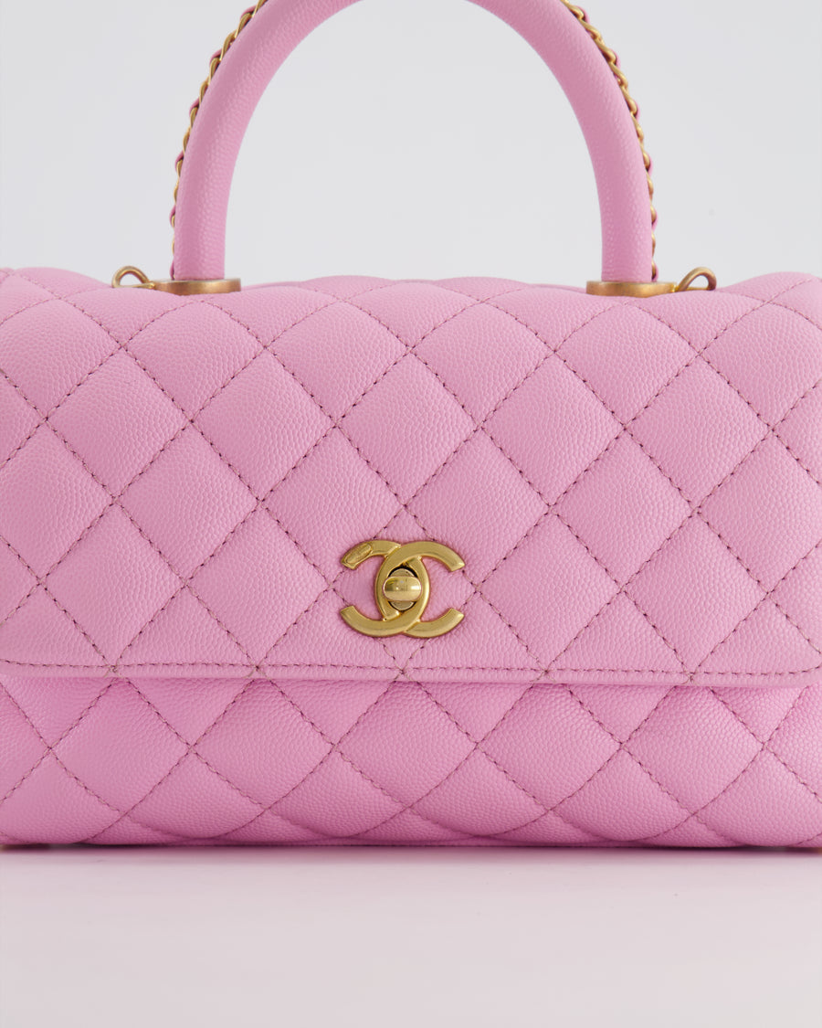 *HOT COLOUR* Chanel 23P Barbie Pink Mini Coco Flap Top Handle Bag in Caviar Quilted Leather with Gold Hardware