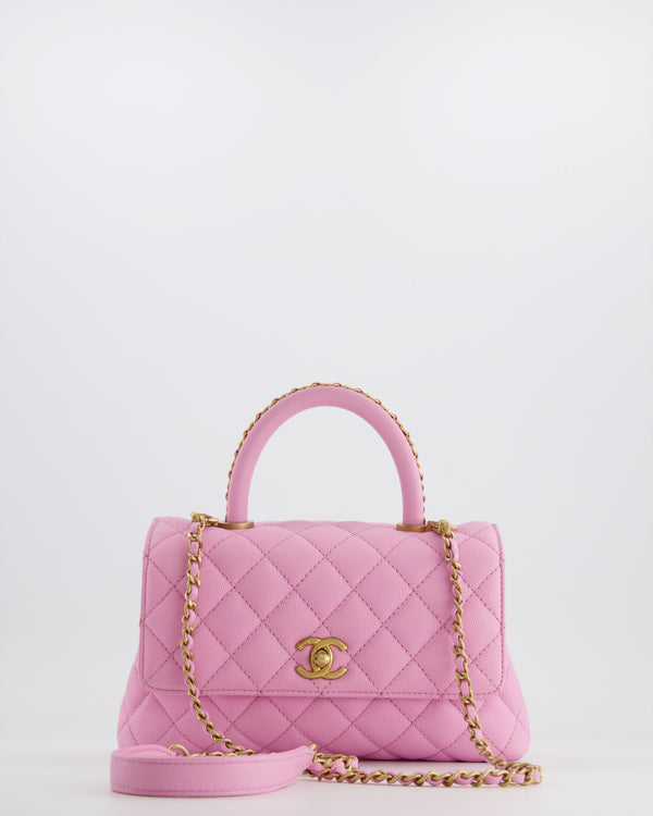 *HOT COLOUR* Chanel 23P Barbie Pink Mini Coco Flap Top Handle Bag in Caviar Quilted Leather with Gold Hardware