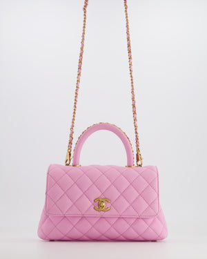 *HOT COLOUR* Chanel 23P Barbie Pink Mini Coco Flap Top Handle Bag in Caviar Quilted Leather with Gold Hardware
