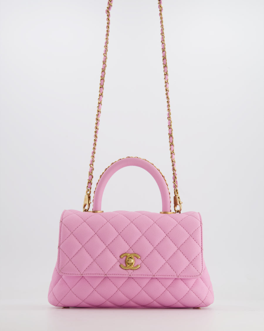 *HOT COLOUR* Chanel 23P Barbie Pink Mini Coco Flap Top Handle Bag in Caviar Quilted Leather with Gold Hardware