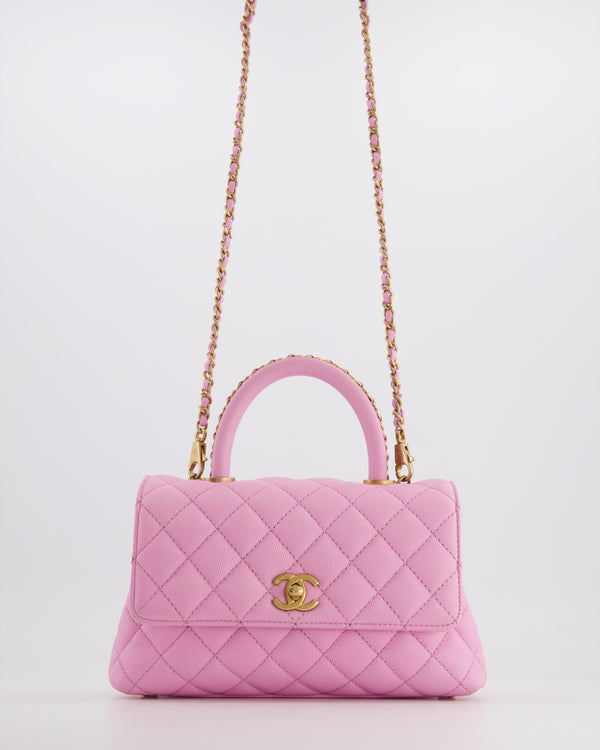 *HOT COLOUR* Chanel 23P Barbie Pink Mini Coco Flap Top Handle Bag in Caviar Quilted Leather with Gold Hardware