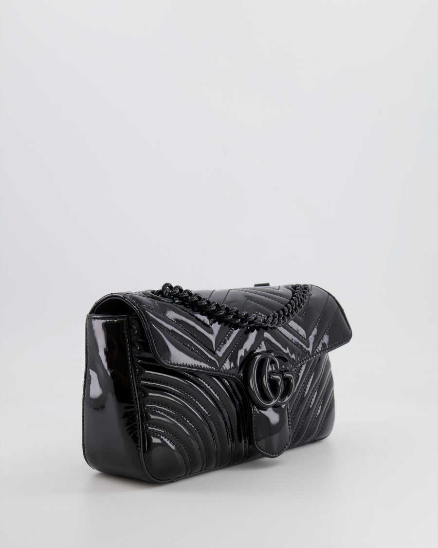 Gucci So Black GG Marmont Patent Leather Medium Shoulder Bag with Black Hardware RRP £2,070