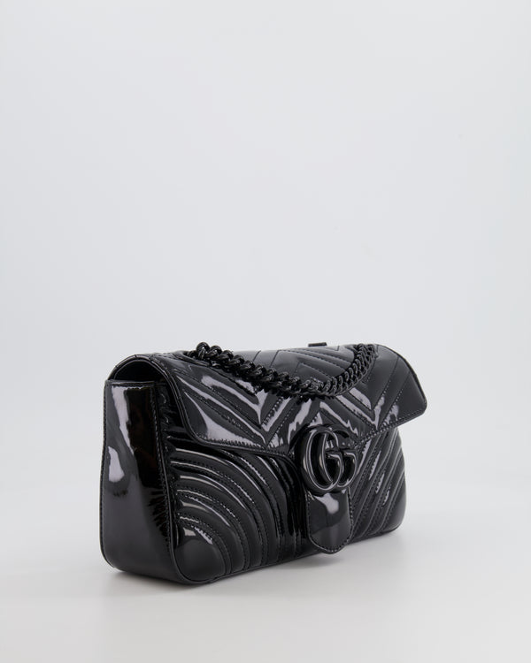 Gucci So Black GG Marmont Patent Leather Medium Shoulder Bag with Black Hardware RRP £2,070
