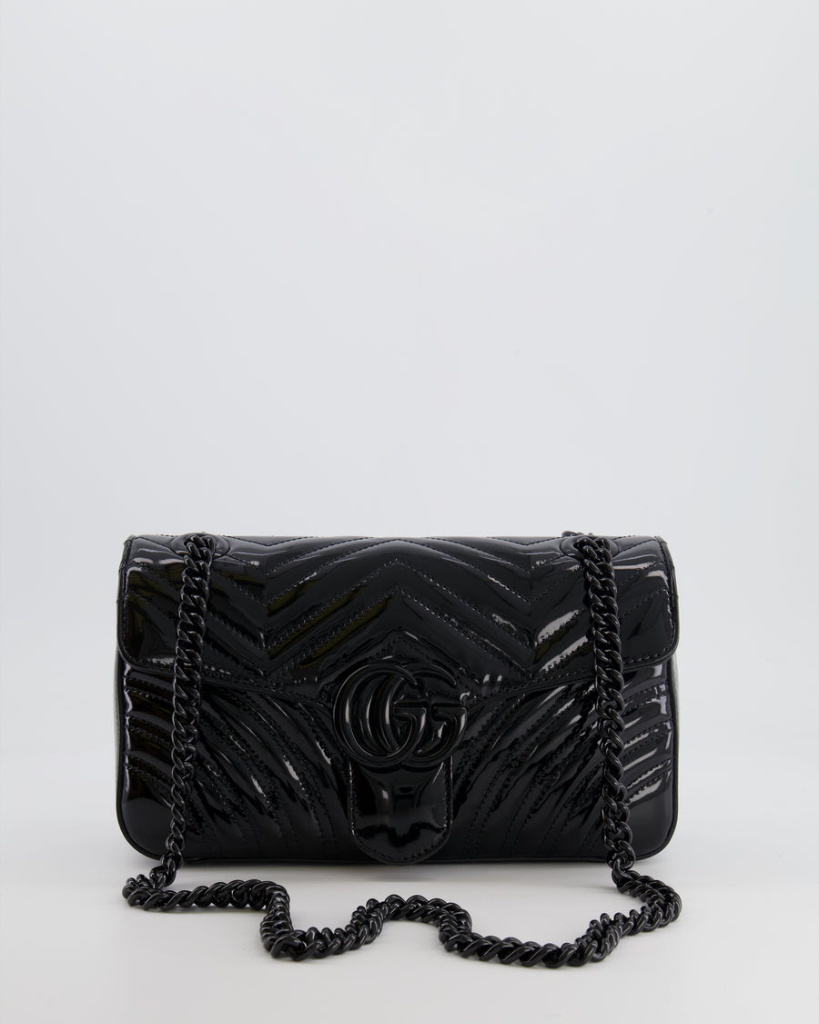 Gucci So Black GG Marmont Patent Leather Medium Shoulder Bag with Black Hardware RRP £2,070
