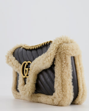 Gucci Black and Beige Shearling GG Marmont Medium Bag with Antique Gold Hardware RRP £2,400