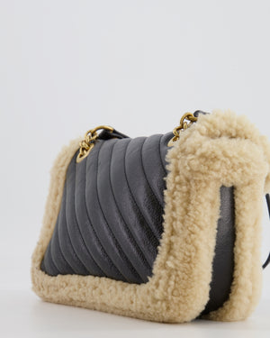 Gucci Black and Beige Shearling GG Marmont Medium Bag with Antique Gold Hardware RRP £2,400