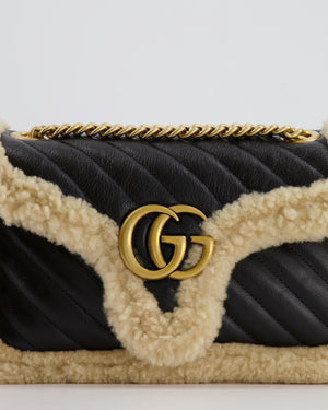 Gucci Black and Beige Shearling GG Marmont Medium Bag with Antique Gold Hardware RRP £2,400