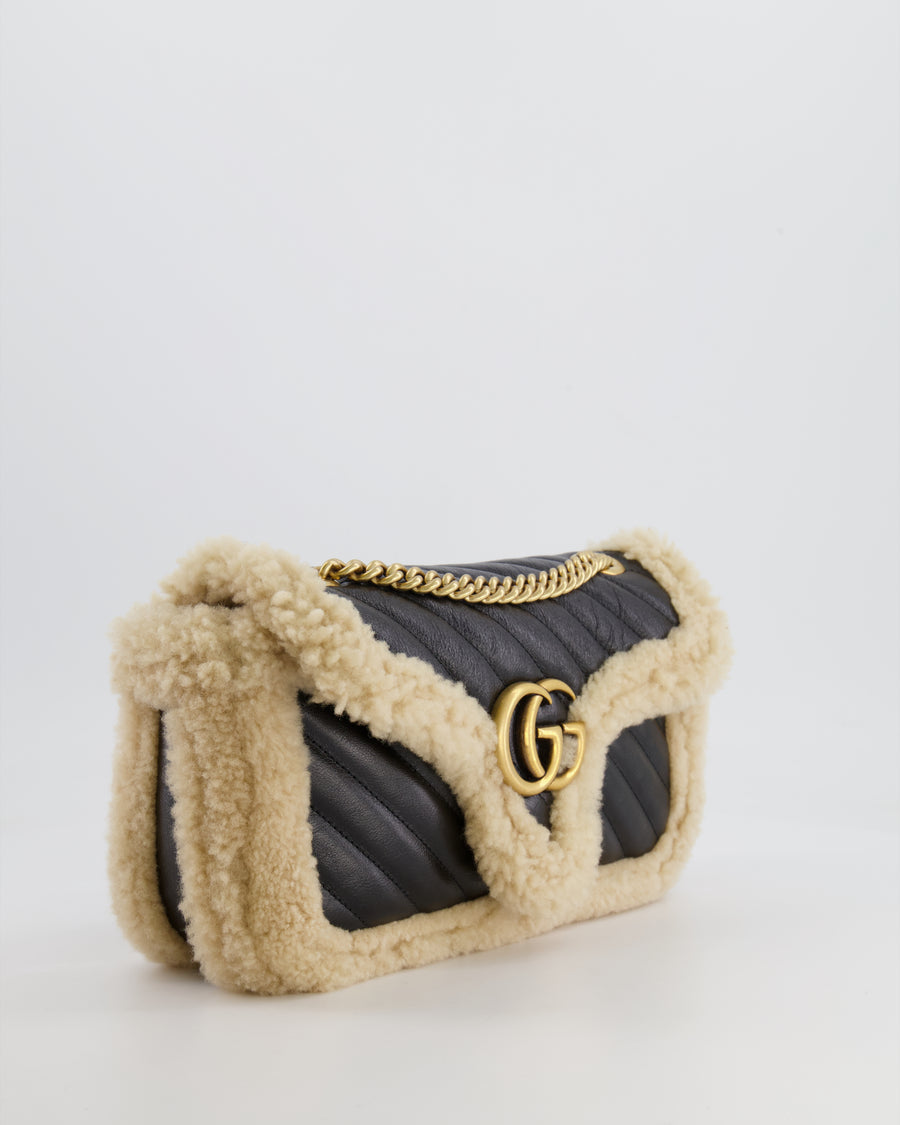 Gucci Black and Beige Shearling GG Marmont Medium Bag with Antique Gold Hardware RRP £2,400