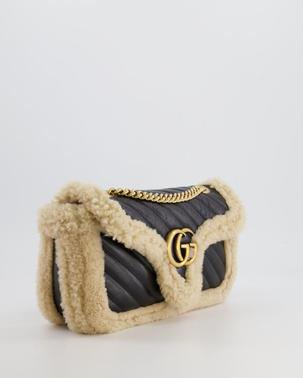 Gucci Black and Beige Shearling GG Marmont Medium Bag with Antique Gold Hardware RRP £2,400