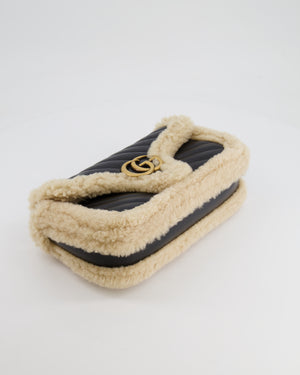 Gucci Black and Beige Shearling GG Marmont Medium Bag with Antique Gold Hardware RRP £2,400