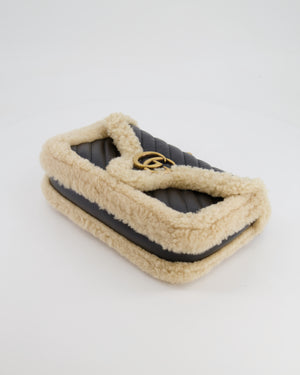 Gucci Black and Beige Shearling GG Marmont Medium Bag with Antique Gold Hardware RRP £2,400