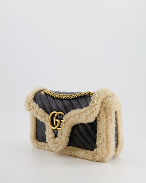 Gucci Black and Beige Shearling GG Marmont Medium Bag with Antique Gold Hardware RRP £2,400