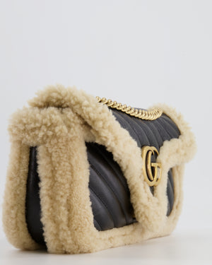 Gucci Black and Beige Shearling GG Marmont Medium Bag with Antique Gold Hardware RRP £2,400