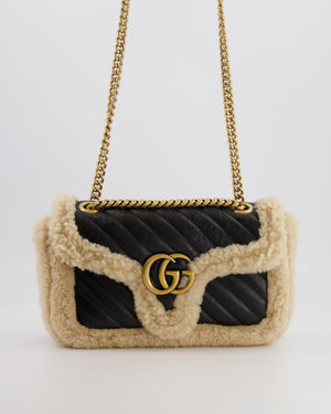 Gucci Black and Beige Shearling GG Marmont Medium Bag with Antique Gold Hardware RRP £2,400