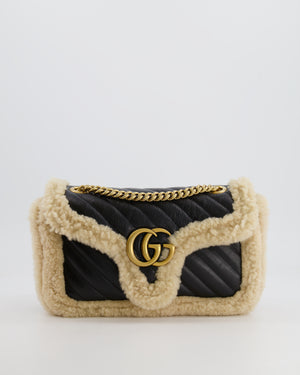 Gucci Black and Beige Shearling GG Marmont Medium Bag with Antique Gold Hardware RRP £2,400