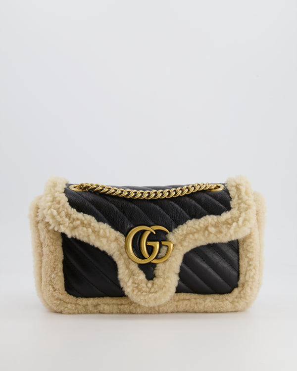 Gucci Black and Beige Shearling GG Marmont Medium Bag with Antique Gold Hardware RRP £2,400