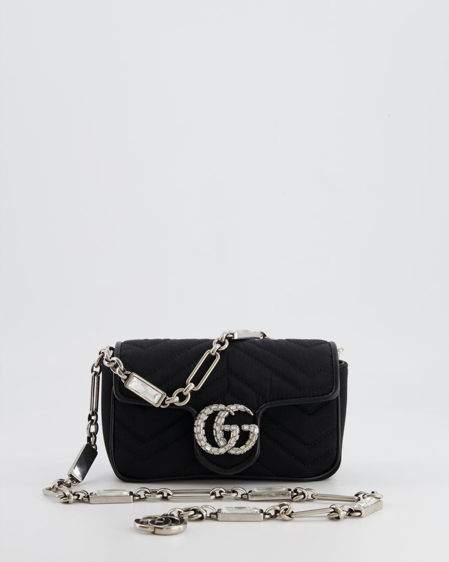 Gucci Black Canvas Mini GG Marmont Bag with Silver and Crystal Hardware