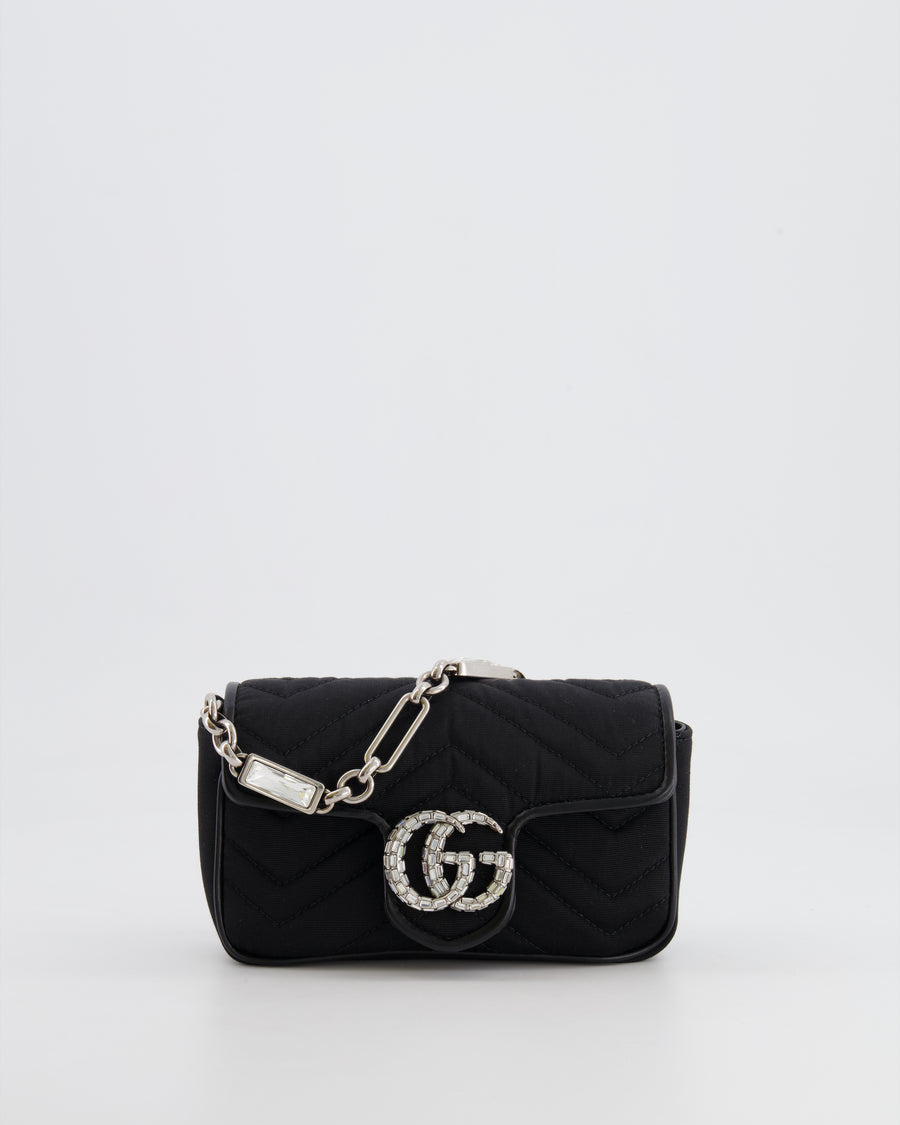 Gucci Black Canvas Mini GG Marmont Bag with Silver and Crystal Hardware