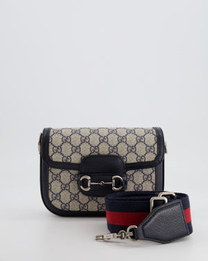 Gucci Beige and Navy GG Horsebit Small Shoulder Bag with Silver Hardware and Canvas Strap RRP £2,400