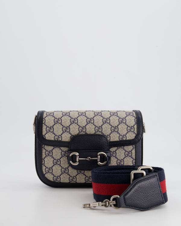 Gucci Beige and Navy GG Horsebit Small Shoulder Bag with Silver Hardware and Canvas Strap RRP £2,400