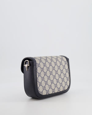 Gucci Beige and Navy GG Horsebit Small Shoulder Bag with Silver Hardware and Canvas Strap RRP £2,400