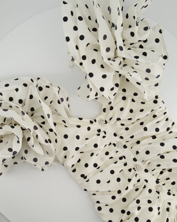 Alessandra Rich White & Black Polka Dot Ruched Crepe Mini Dress with Crystal Buttons and Strap Ruffle Details Size IT 38 (UK 6)