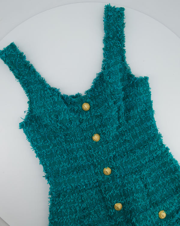 Balmain Teal Sleeveless Tweed Button Down Mini Dress With Pocket Details Size FR 36 (UK 8)