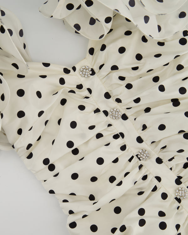 Alessandra Rich White & Black Polka Dot Ruched Crepe Mini Dress with Crystal Buttons and Strap Ruffle Details Size IT 38 (UK 6)