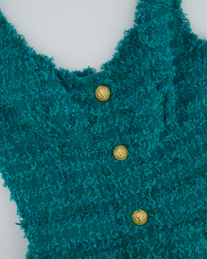 Balmain Teal Sleeveless Tweed Button Down Mini Dress With Pocket Details Size FR 36 (UK 8)