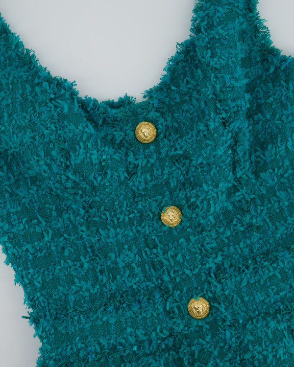 Balmain Teal Sleeveless Tweed Button Down Mini Dress With Pocket Details Size FR 36 (UK 8)