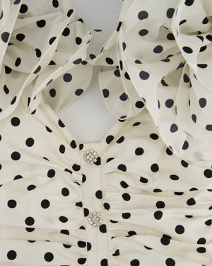 Alessandra Rich White & Black Polka Dot Ruched Crepe Mini Dress with Crystal Buttons and Strap Ruffle Details Size IT 38 (UK 6)