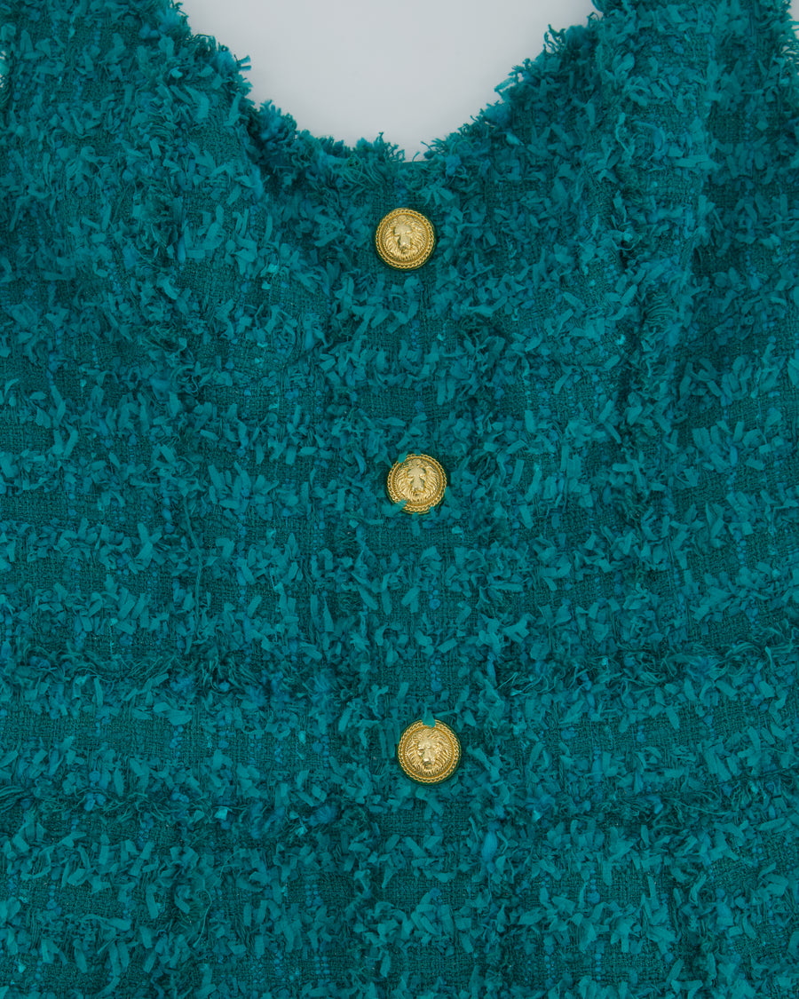 Balmain Teal Sleeveless Tweed Button Down Mini Dress With Pocket Details Size FR 36 (UK 8)