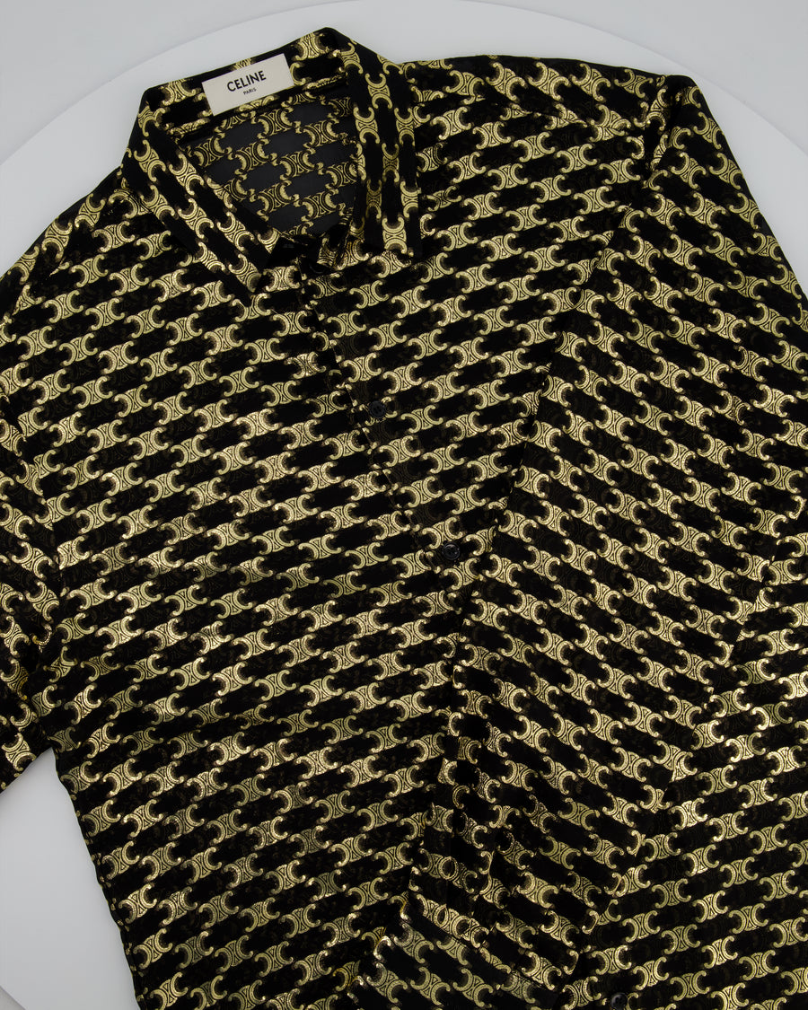 Celine Black & Metallic Gold Jacquard Silk Shirt with Triomphe Logo Pattern and Buttoned Cuffs Size FR 40 (UK 12)