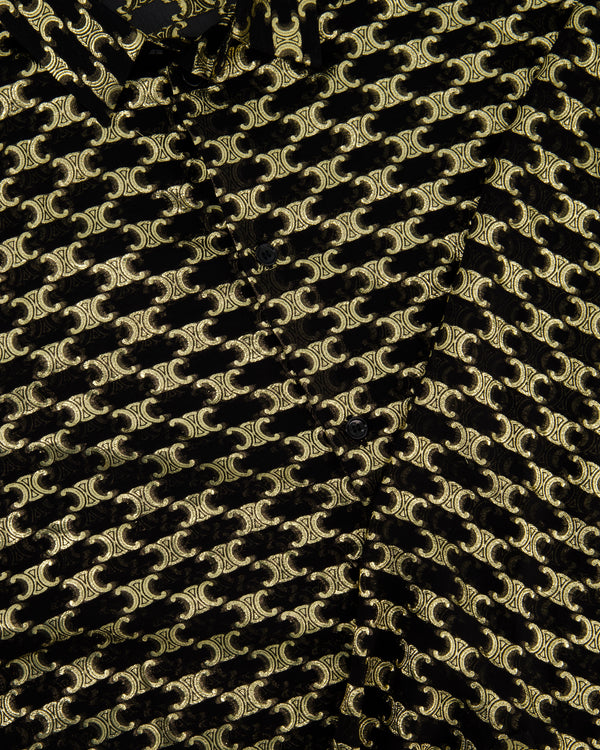 Celine Black & Metallic Gold Jacquard Silk Shirt with Triomphe Logo Pattern and Buttoned Cuffs Size FR 40 (UK 12)