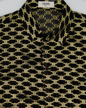 Celine Black & Metallic Gold Jacquard Silk Shirt with Triomphe Logo Pattern and Buttoned Cuffs Size FR 40 (UK 12)